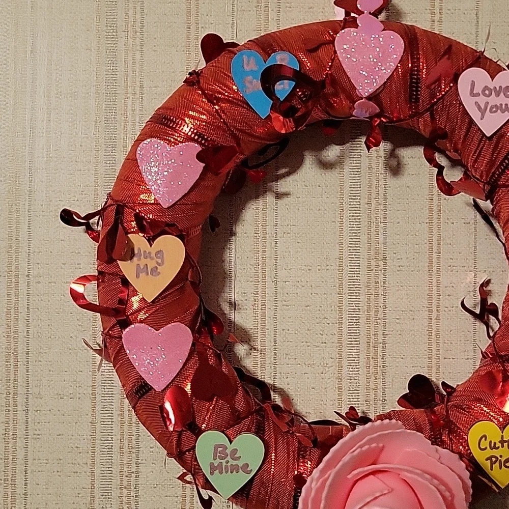 HAND CRAFTED WREATH VALENTINE'S CONVERSATION HEARTS AND ROSE